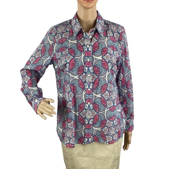 Talbots Petite Perfect Shirt Medallion Print Blue Pink Size MP - Picture 1 of 7
